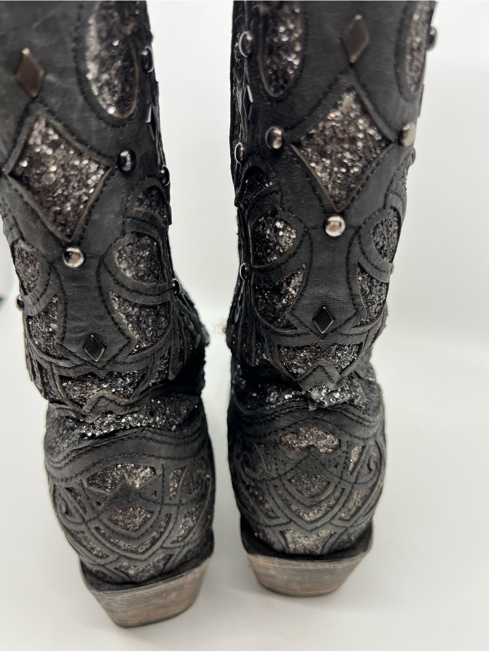 FLAWED Corral Ladies Black Leather Glitter Inlay and Studded Western Boots 8.5 M - Picture 15 of 16